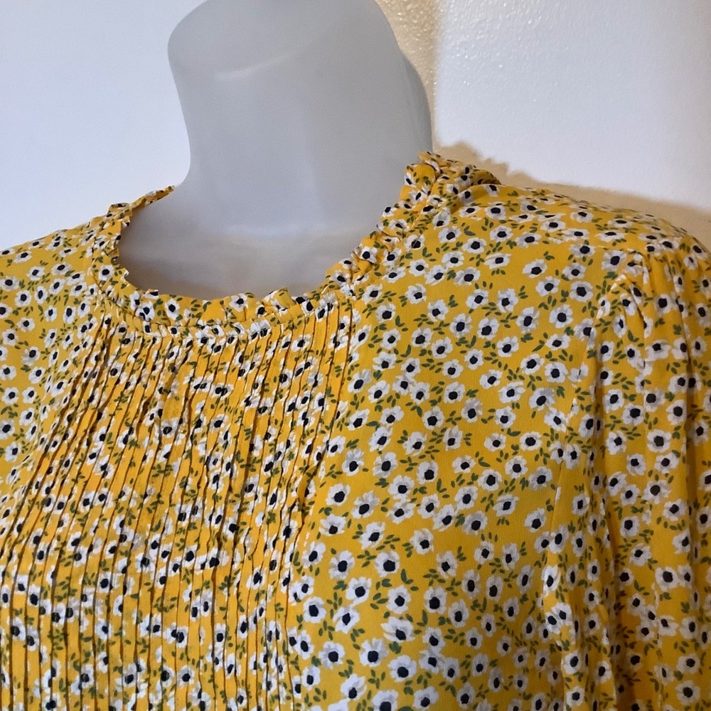 Zara Yellow Floral Pleated Front Blouse Smocked Cuff Long Sleeve Top Small